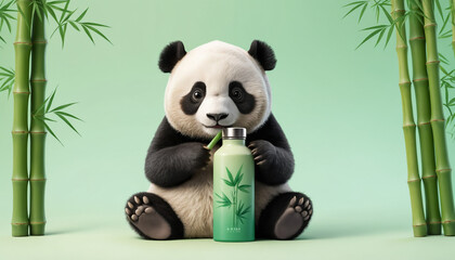 A panda holding a sleek pastel-green bamboo water flask, sitting against a bamboo forest.