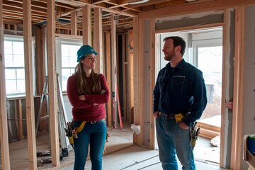 Fototapeta premium Conversation between two construction workers in a home under renovation. Generative AI