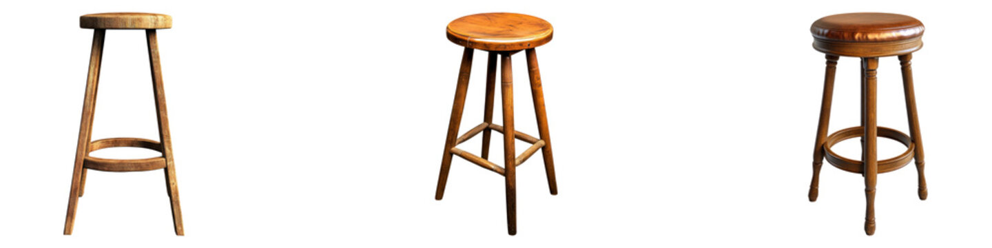 Tall wooden bar stool isolated on transparent background, Set of