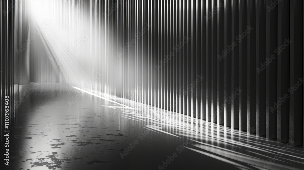 Poster a monochromatic corridor illuminated by soft rays of light.
