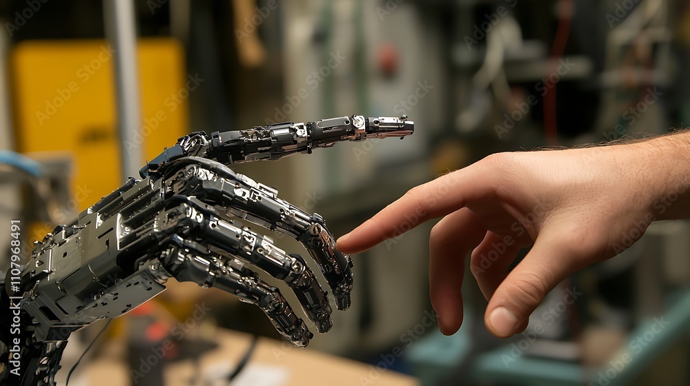 Aufkleber hand reaching out to connect with a robotic hand in a modern research lab setting