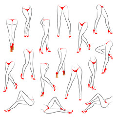 Collection. Silhouette of a beautiful female figure, legs in red high-heeled shoes and a bikini. Standing method. The mouth is thin. Set of vector illustrations.