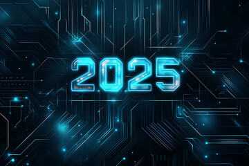 A modern tech-inspired design with glowing circuit patterns in blue and black tones, featuring '2025' in metallic futuristic typography. Great for technology branding and innovation themes