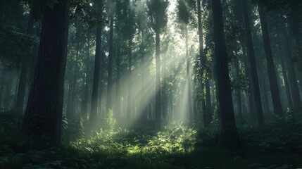 Obraz premium Enchanting Forest Landscape with Sunlight Streaming Through Tall Trees in a Lush Green Woodland Setting, Creating a Serene and Picturesque Natural Atmosphere