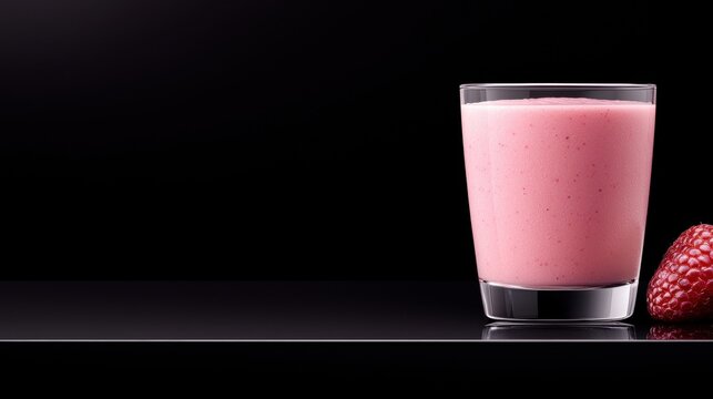 Glass of pink smoothie on a black background. the smoothie is in a tall glass with a black rim and is filled to the brim with a creamy pink liquid.
