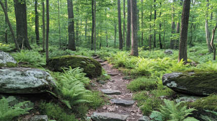 Scenic Forest Pathway Surrounded by Lush Greenery and Ferns in a Peaceful Natural Environment Ideal for Nature Lovers and Outdoor Enthusiasts