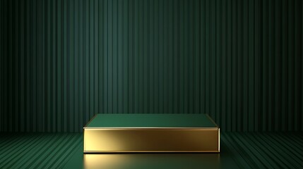 A minimalist square podium in green and gold for product display, set against a dark green background with stripes, following the principles of modern minimalism