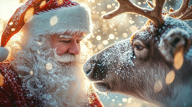Santa brushes snow off reindeer while preparing for the festive season at a winter wonderland
