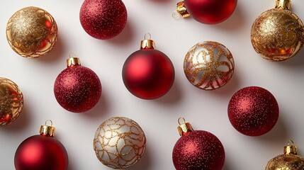 Fototapeta premium Bright red and gold Christmas ornaments arranged in a flat lay display for holiday cheer