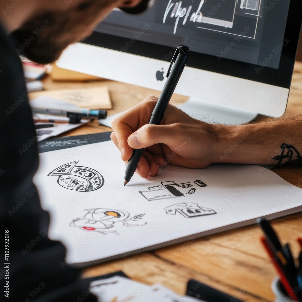 Poster close-up shot of a graphic designer making notes on logo designs and showcasing the corporate identi