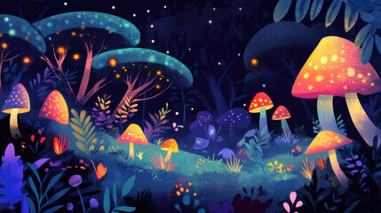 Enchanted Night Forest with Colorful Mushrooms and Glowing Fireflies in a Magical Landscape Under Twinkling Stars