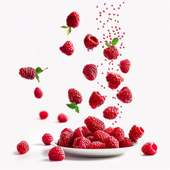 A falling raspberry isolated on a white background with selective focus