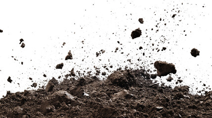 Wide Explosive soil dirt eruption with debris flying isolated on white & transparent a background.