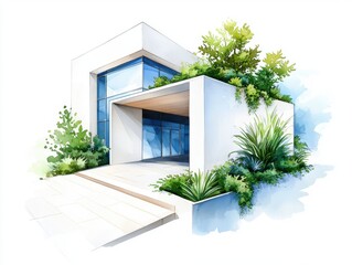 Innovative architectural sketch of a smart building concept with lush greenery urban setting digital art perspective