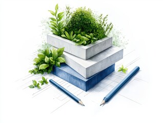 Innovative architect sketching smart building concepts with nature elements creative workspace conceptual art