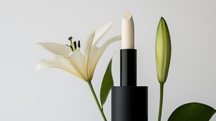 Elegant white lipstick surrounded by fresh lilies on minimalist background