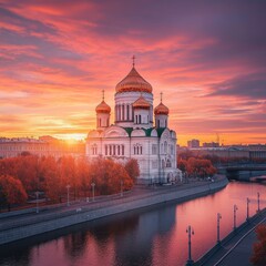 Obraz premium Moscow Russia. Cathedral of Christ the Saviour in autumn sunset in Moscow, Russia. Autumn view of famous Moscow landmark