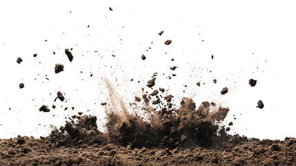 Wide Explosive soil dirt eruption with debris flying isolated on white & transparent a background.