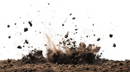Wide Explosive soil dirt eruption with debris flying isolated on white & transparent a background.