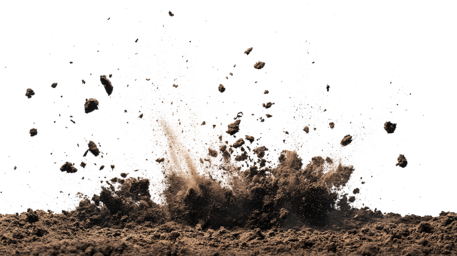 Wide Explosive soil dirt eruption with debris flying isolated on white & transparent a background.