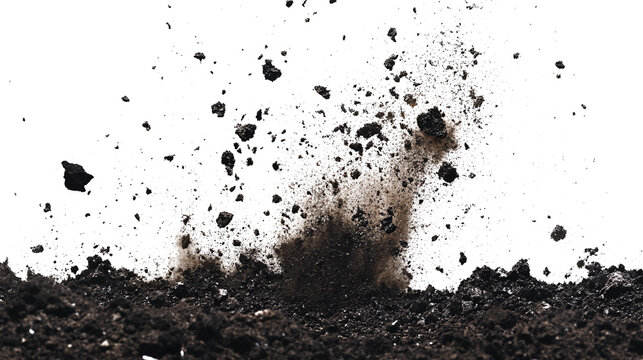 Wide Explosive soil dirt eruption with debris flying isolated on white & transparent a background.