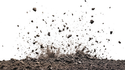 Wide Explosive soil dirt eruption with debris flying isolated on white & transparent a background.