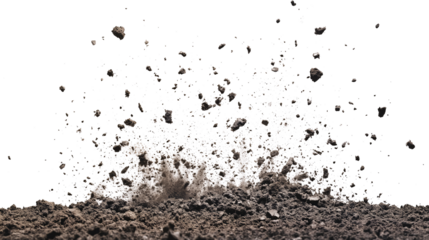 Wide Explosive soil dirt eruption with debris flying isolated on white & transparent a background.