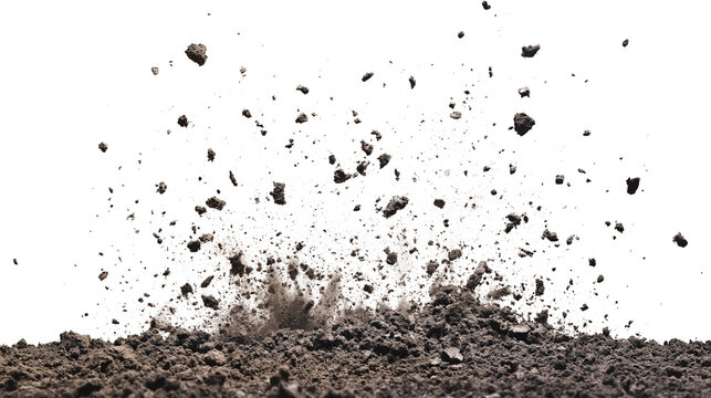 Wide Explosive soil dirt eruption with debris flying isolated on white & transparent a background.