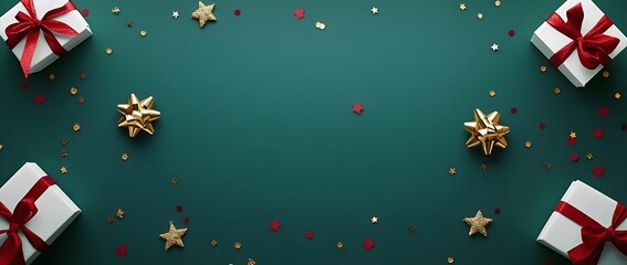 green background with red and gold ribbon bows, golden stars, white gift boxes, confetti on the sides, top view, flat lay, space for text, minimal concept, in the style of an art director. 
