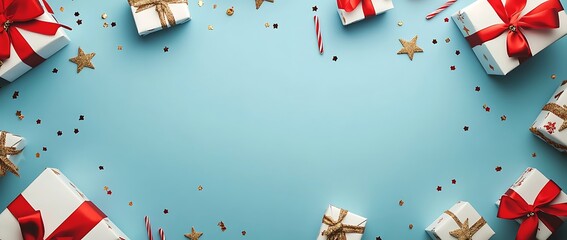 blue background with red and gold ribbon bows, golden stars, white gift boxes, confetti on the sides, top view, flat lay, space for text, minimal concept, in the style of an art director. 