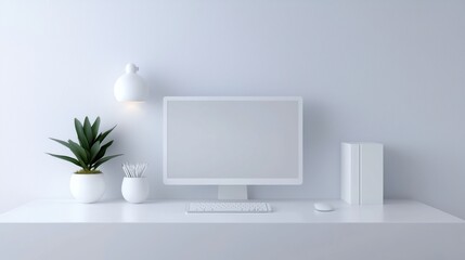 Fototapeta premium Modern home office setup with a white desk. on the desk, there is a computer monitor with a blank white screen, a keyboard, a mouse, and a white speaker.