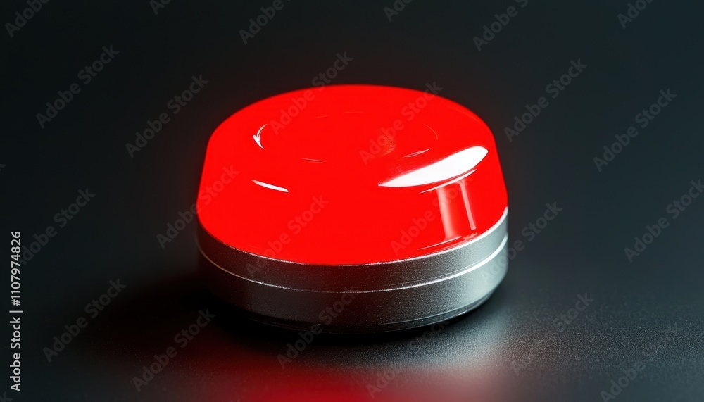 Poster a glossy red button on a dark surface, potentially representing an alert or emergency signal.