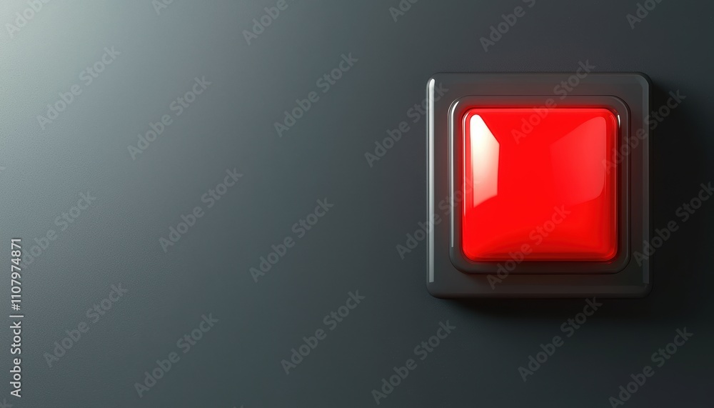 Poster a shiny red button on a dark background, symbolizing action, urgency, or a call to action.