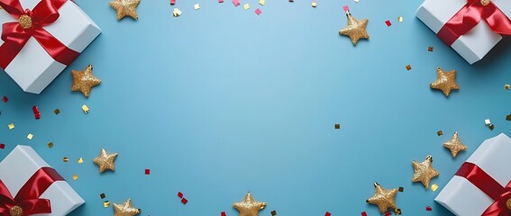 blue background with red and gold ribbon bows, golden stars, white gift boxes, confetti on the sides, top view, flat lay, space for text, minimal concept, in the style of an art director. 