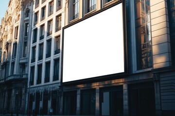 Obraz premium A Blank billboard on the side of a stylish urban building, perfect for Black Friday mockups. 