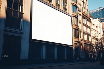 Obraz premium A Blank billboard on the side of a stylish urban building, perfect for Black Friday mockups. 