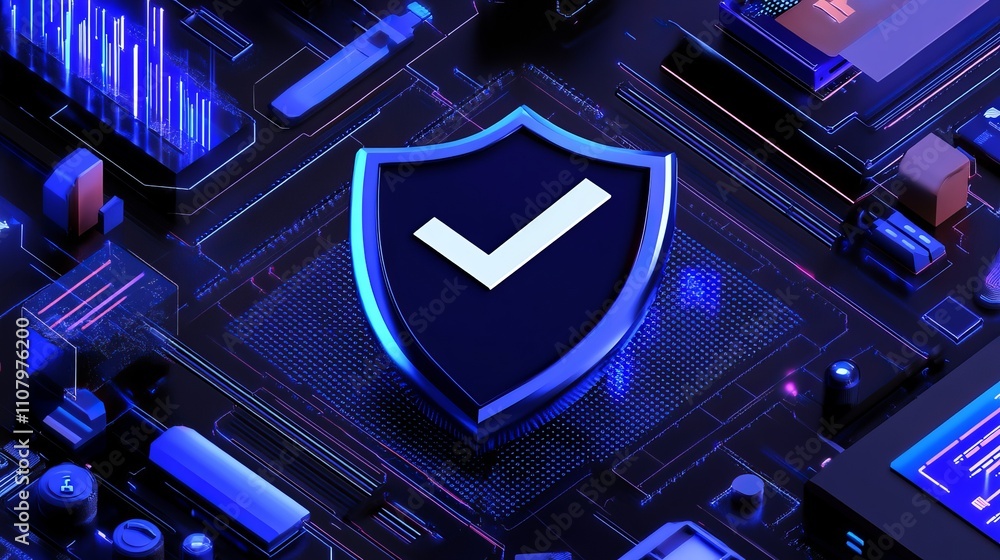 Poster a futuristic cybersecurity illustration with a digital shield and check mark surrounded by code and 
