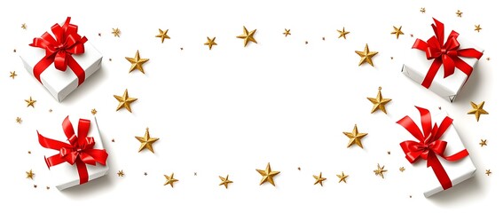 Christmas background with white gift boxes and red ribbon bows on the sides, golden star decor elements on a pure white backdrop, a flat lay top view composition for a Christmas card or banner design.