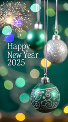 Sparkling Beginnings, A Radiant Welcome to 2025, radiates festive energy and celebration, blending the elegance of shimmering ornaments with the brilliance of fireworks and colorful bokeh lights.