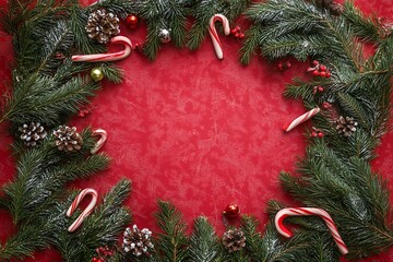 Christmas background with candy canes, fir branches, and red ornaments on the left side border on a flat red backdrop with copy space for text, top view. New Year's decoration concept.
