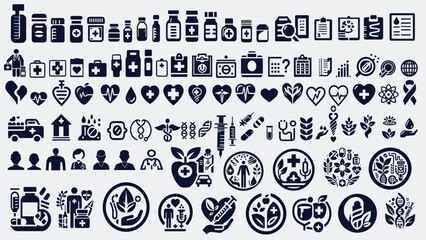 Medical and Healthcare Icons Set. A diverse collection of vector symbols representing medicine, wellness, and healthcare solutions, including pharmaceuticals, diagnostics, and eco-health concepts.