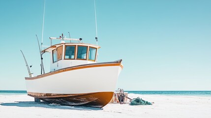 Fototapeta premium Medium fishing boat parked on a sandy beach, surrounded by fishing equipment under a sunny, clear sky.