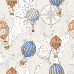 Seamless pattern with ballons and map. Vector.
