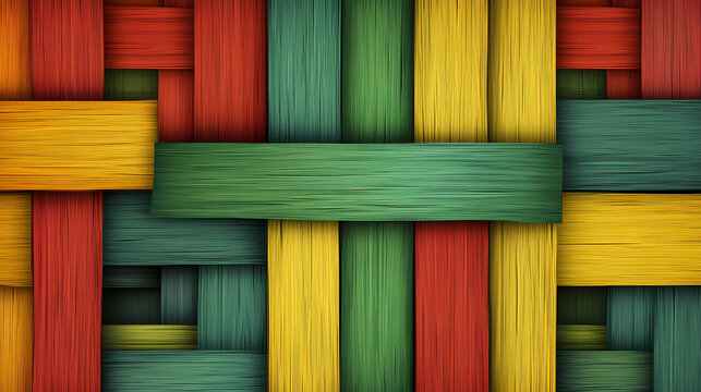 A colorful woven pattern with a yellow and green stripe. the pattern is made up of different colored strips of wood. Woven. Illustration