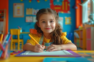 Child drawing creatively in a bright classroom.