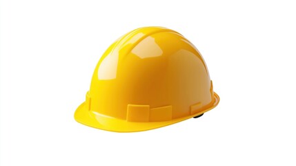 Fototapeta premium Bright yellow safety helmet isolated on white background. Protective headgear for construction workers. Essential personal protective equipment. Industrial safety product. Construction site safety.
