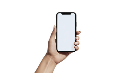 human hand holding smartphone isolated on white transparent background

