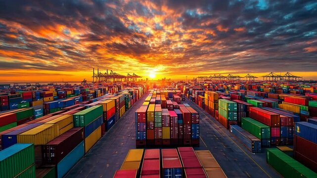 A panoramic shot of shipping containers stacked at an international port, with the sky painted in the hues of sunset
