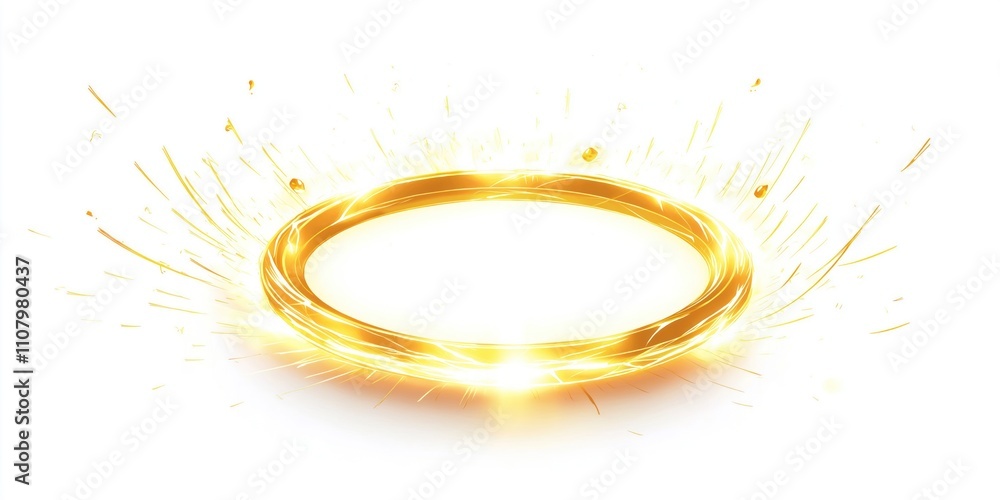 Poster golden halo glows with light effects on white background. circular energy explosion creates powerful