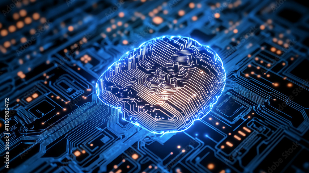 Poster Advanced circuitry design showcasing a glowing artificial intelligence neural network on a microchip